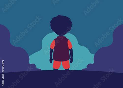 Silhouette child gazing into mysterious abstract landscape, conveying wonder, imagination, and childhood dreams.