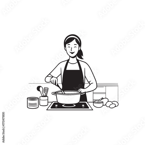 Black and White Vector Illustration of a Smiling Woman Cooking in Kitchen with Apron and Headband
