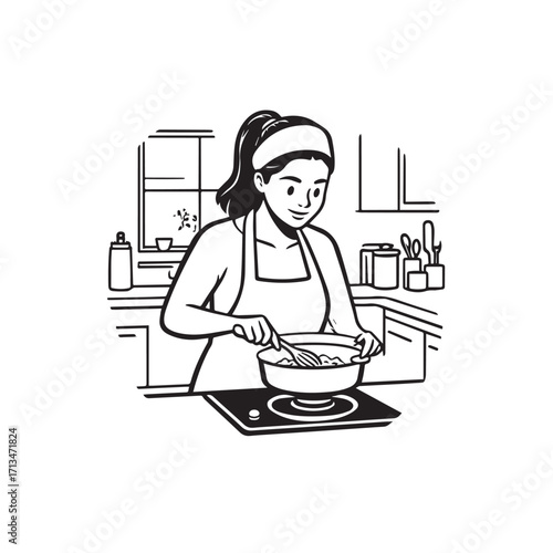 Black and White Vector Illustration of a Smiling Woman Cooking in Kitchen with Apron and Headband
