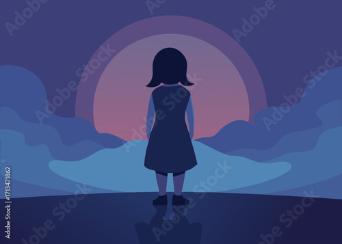 Young girl stands contemplating a vibrant sunset over serene, layered landscapes evoking hope and dreams.