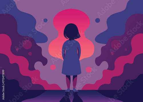 Young girl facing abstract colorful world, symbolizing imagination and childhood wonder