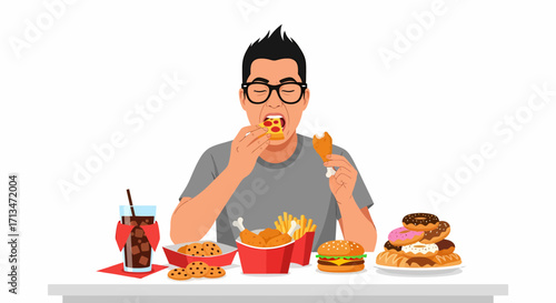 A person with glasses eating fast food, surrounded by various unhealthy food items.