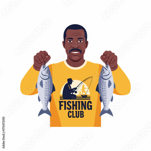 Man holding two fish, wearing a yellow shirt with a fishing club logo, illustration.
