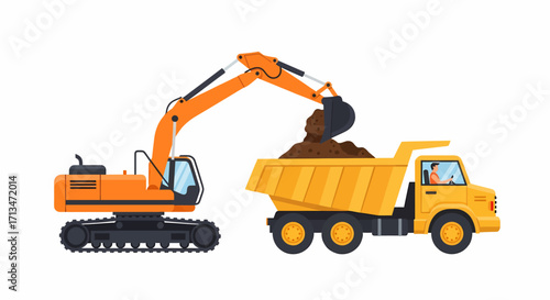 Orange excavator loading a yellow dump truck with soil.