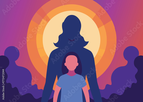 Empowering child stands strong within protective silhouette, bathed in vibrant sunset glow, representing hope and guidance
