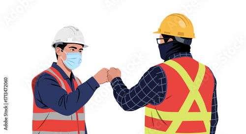 Two construction workers in hard hats and safety vests, one masked, performing a fist bump as a greeting or sign of agreement.