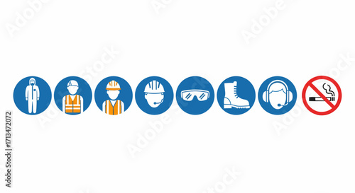 Safety signs depicting mandatory personal protective equipment and no smoking.