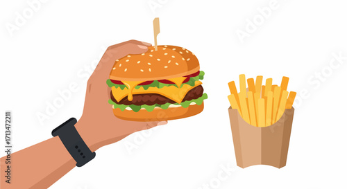 Hand holding a cheeseburger with french fries.