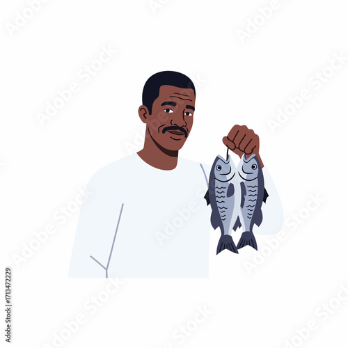 An illustration of a smiling man with a mustache holding up two fish he has caught.