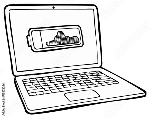 Notebook screen shows battery charging, energy level, computer, internet, technology concept in line art.