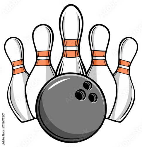 Bowling Ball and Pins Cartoon Style Illustration Spare Strike Fun Game