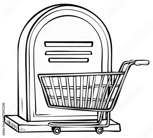 Shopping cart near gravestone symbolizes excessive consumption, spending, economic death and bankruptcy concept illustration