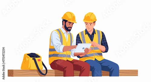 Two construction workers in safety gear sitting on a beam, reviewing plans on a digital tablet.
