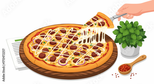 A hand lifting a slice of pizza with melted cheese, toppings, and a wooden board.