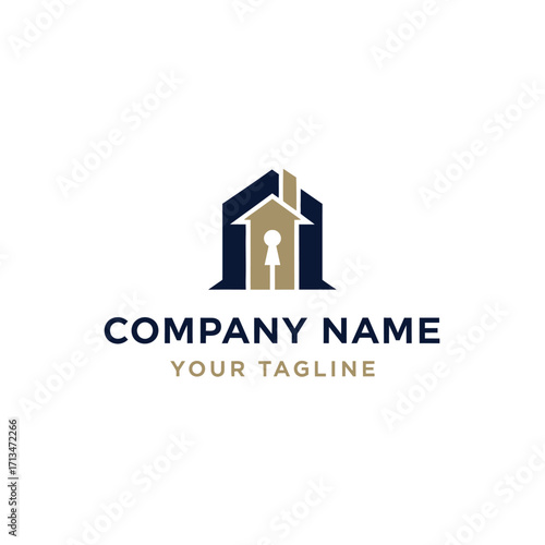 A logo design featuring a house with a keyhole, suitable for real estate or property businesses.