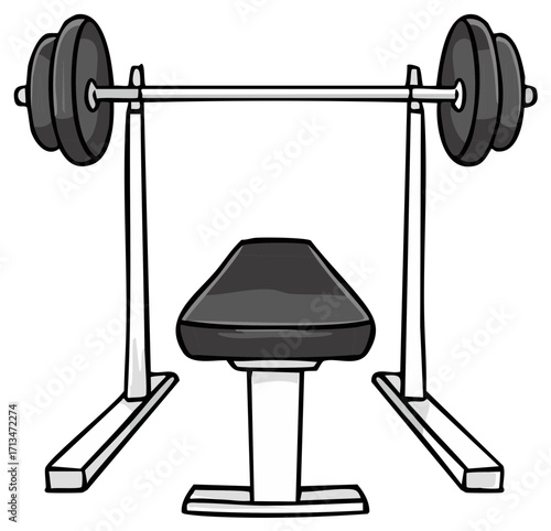 Workout bench press station with barbell and weights for strength training exercise