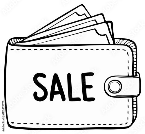 Hand drawn wallet full of cash with Sale text for shopping and discount promotion concept