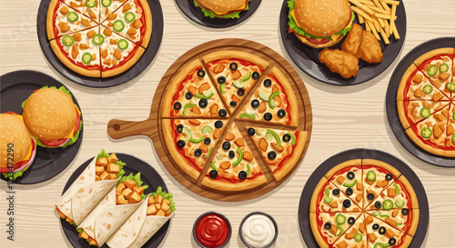 Overhead view of a variety of fast food items including pizza, burgers, wraps, and sauces.
