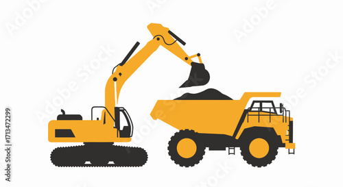 Excavator loading a dump truck with material, illustration.
