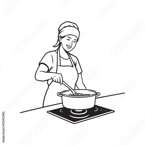 Black and White Vector Illustration of a Smiling Woman Cooking in Kitchen with Apron and Headband
