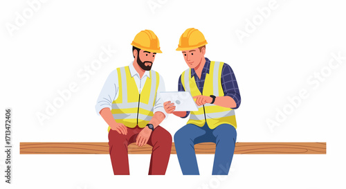 Two construction workers reviewing blueprints on a tablet.