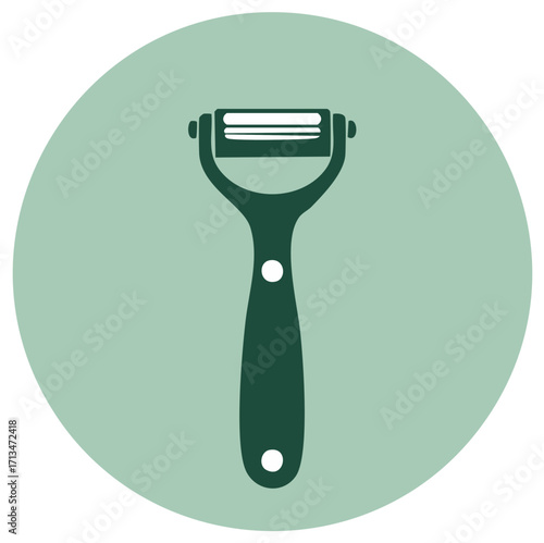 Minimalist illustration of a swivel peeler with a dark green handle and blade against a light green circular background