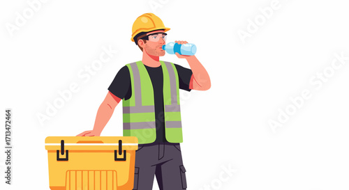 Construction worker taking a water break near a cooler.