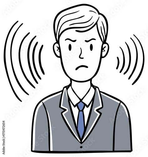 Annoyed businessman experiencing loud noise waves emanating from his ears