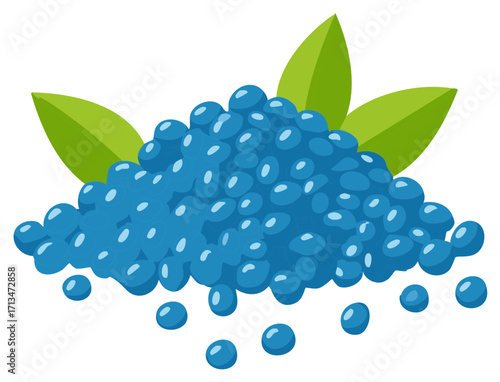 Illustration of Blue Tapioca Pearls with Green Leaves, Perfect for Food and Dessert Designs