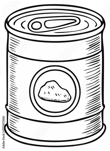 Hand-drawn illustration of a tin can with a tab opener and a label depicting food item