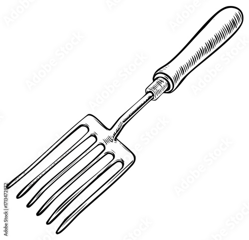 Illustration of a hand-drawn garden fork with a wooden handle, tool for gardening or farming on white