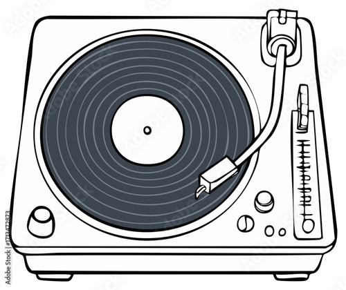 Vinyl Record Player Illustration Isolated White Background Detailed Line Art