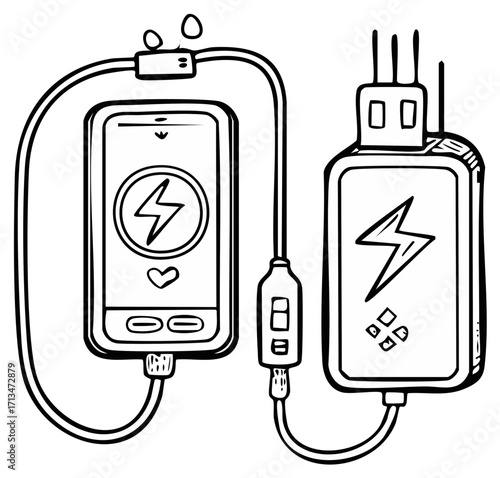 Hand drawn cartoon illustration of a smartphone charging with a portable power bank