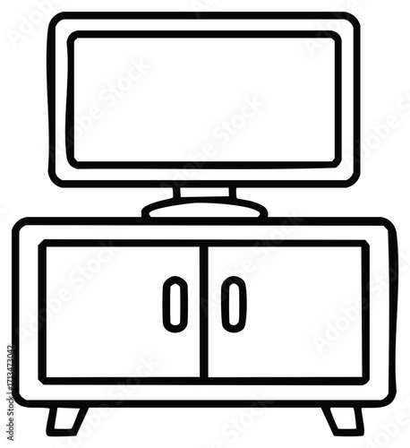 Simple black and white line drawing of a flat screen television on a media stand icon