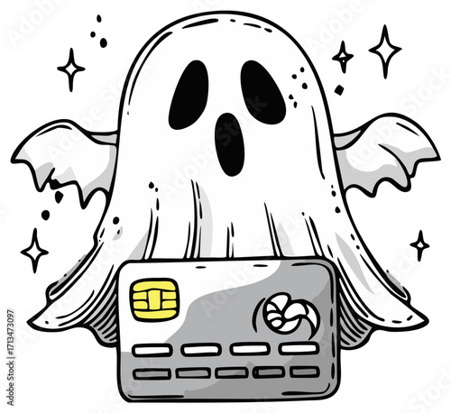 Halloween Ghost Holding Credit Card Cartoon Graphic Spooky Scary Purchases Payments