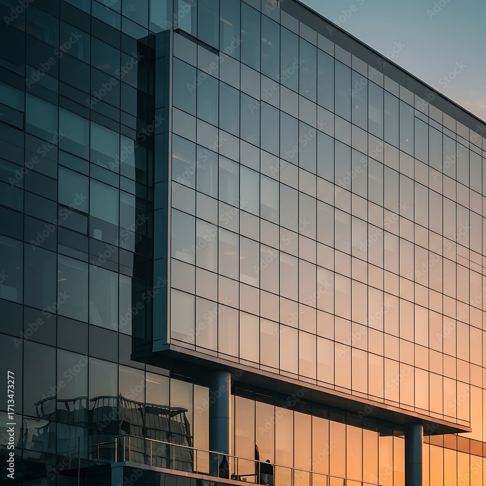 Obraz premium Building Exterior with Glass Facade Reflecting Sunset Light