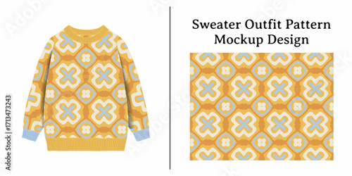 A Yellow Sweater Featuring a Retro Geometric Pattern Mockup Design Showing the Fabric Pattern in Detail.