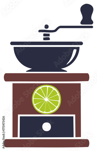 Illustration of a stylized manual coffee grinder with lime slice