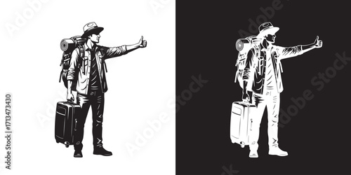 A vector illustration of a traveler hitchhiking with a backpack and suitcase