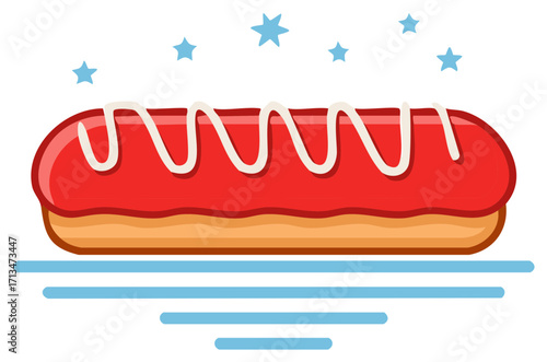 Sweet Red Eclair Dessert With White Icing And Decorative Stars