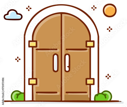 Whimsical Wooden Doorway with Arched Frame and Sunny Sky Cartoon Style