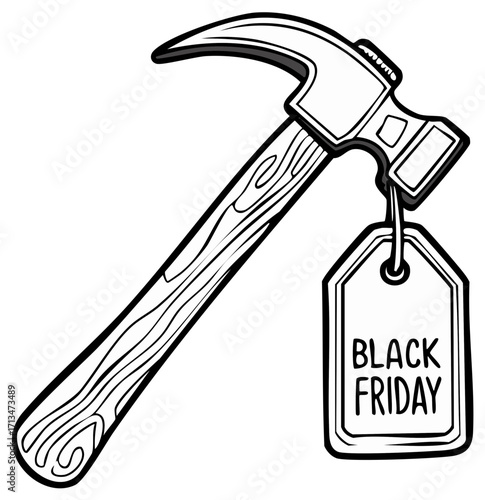 Black Friday sale hammer with discount price tag line art illustration