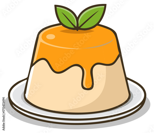 Cartoon illustration of a flan dessert on a plate with leaves on top.
