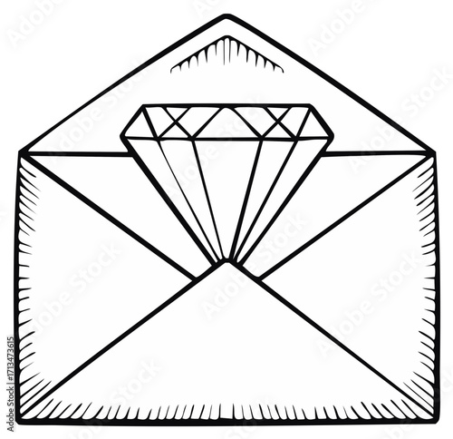 Diamond Ring in Open Envelope Hand Drawn Illustration Invitation Concept