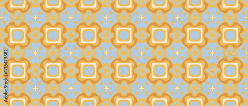 Retro floral inspired geometric tessellation in muted pastel tones for seamless design applications.