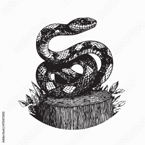 Dangerous Mamba Snake Wrapped Around Tree Stump Vector Nature Illustration