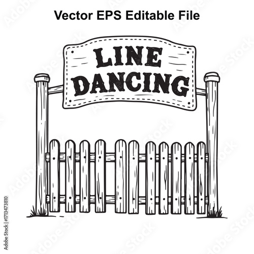 Vector art of line dancing sign with wooden fence, vector eps editable file