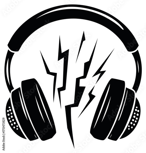 Black and white headphones with electric lightning bolts representing loud powerful sound