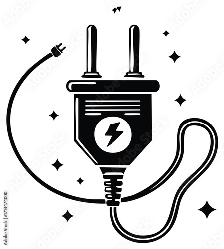 Black and White Electric Plug Illustration with Lightning Bolt Symbol and Power Cord