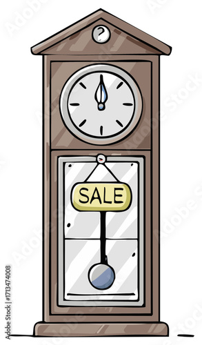 Cartoon Grandfather Clock with Pendulum and Sale Sign Displaying Shopping Promotion